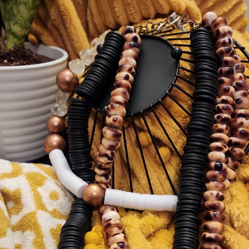 Chic Beaded Necklace Set - Black, White, Copper